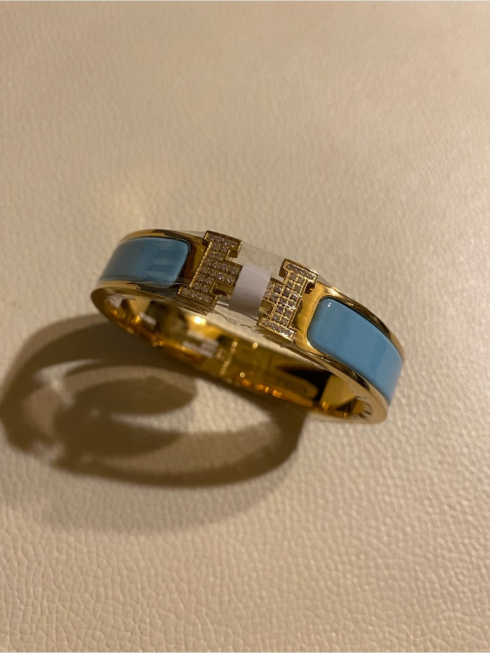 Hermes Blue Enamel Gold Diamond cz Bangle Bracelet H Logo Turn Clasp